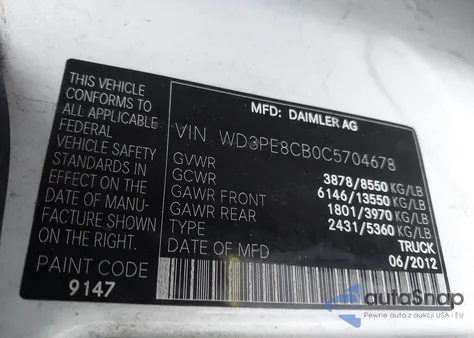 2012 Mercedes-Benz Sprinter 2500 High Roof z USA, uszkodzony, nr VIN WD3PE8CB0C5704678